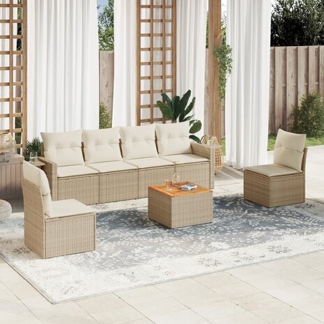 7-delige Loungeset met kussens poly rattan beige