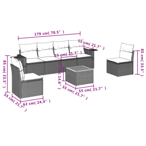 7-delige Loungeset met kussens poly rattan beige