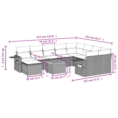11-delige Tuinset met kussens poly rattan beige