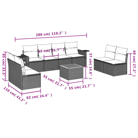 9-delige Loungeset met kussens poly rattan beige