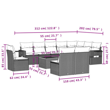 11-delige Tuinset met kussens poly rattan beige
