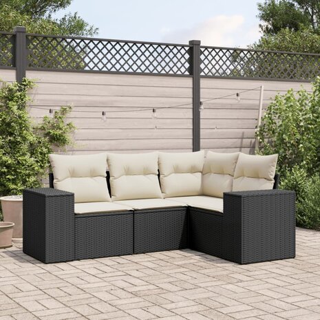 4-delige Loungeset met kussens poly rattan zwart
