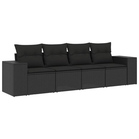 4-delige Loungeset met kussens poly rattan zwart