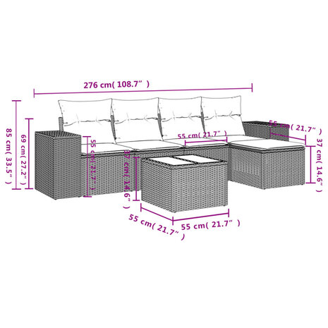 6-delige Loungeset met kussens poly rattan zwart