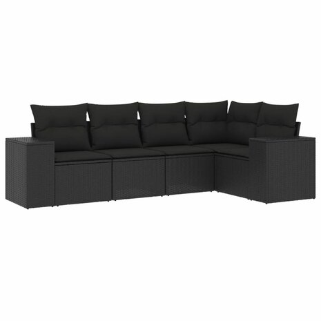 5-delige Loungeset met kussens poly rattan zwart