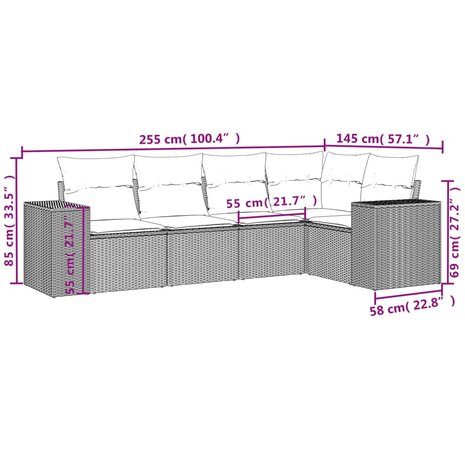 5-delige Loungeset met kussens poly rattan zwart