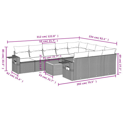 11-delige Loungeset met kussens poly rattan grijs