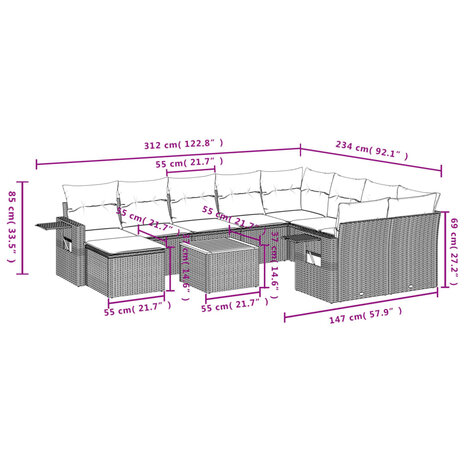 11-delige Loungeset met kussens poly rattan grijs