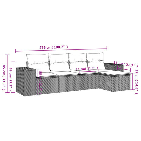 5-delige Loungeset met kussens poly rattan grijs