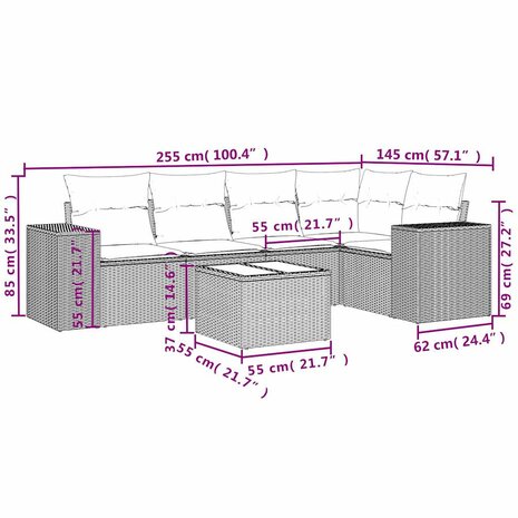 6-delige Loungeset met kussens poly rattan grijs
