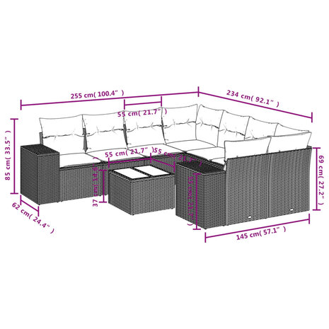 9-delige Loungeset met kussens poly rattan grijs