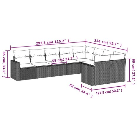 9-delige Loungeset met kussens poly rattan zwart
