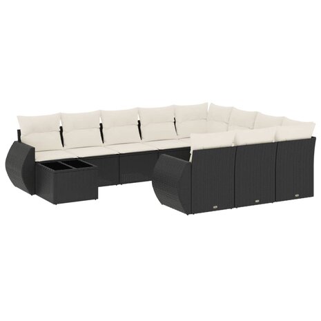 11-delige Loungeset met kussens poly rattan zwart
