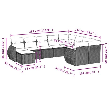 10-delige Loungeset met kussens poly rattan zwart