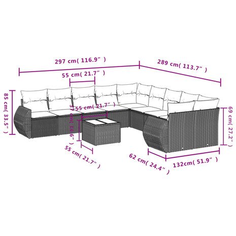 11-delige Loungeset met kussens poly rattan grijs