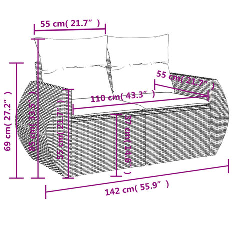 8-delige Loungeset met kussens poly rattan grijs