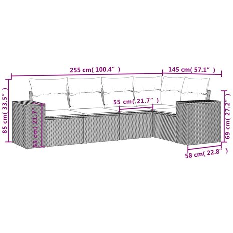 5-delige Loungeset met kussens poly rattan beige