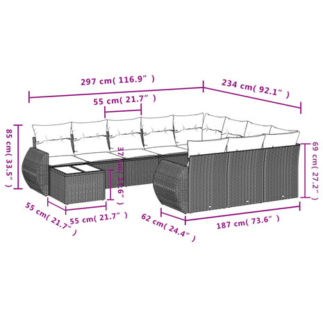 11-delige Loungeset met kussens poly rattan zwart