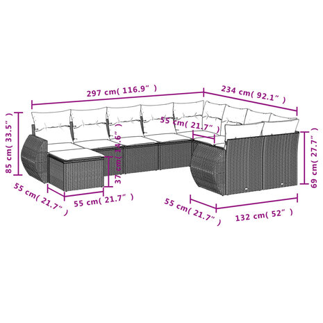 10-delige Loungeset met kussens poly rattan zwart