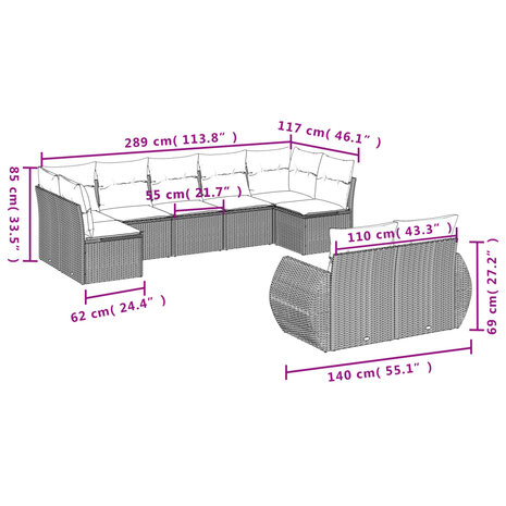 9-delige Loungeset met kussens poly rattan zwart