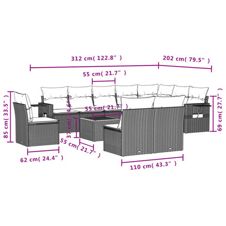 11-delige Loungeset met kussens poly rattan zwart