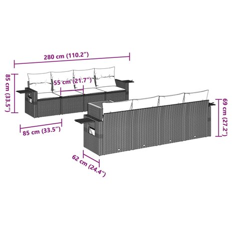 9-delige Loungeset met kussens poly rattan zwart