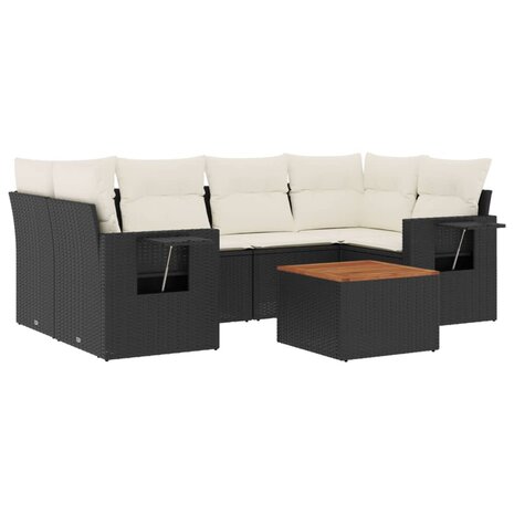 7-delige Loungeset met kussens poly rattan zwart