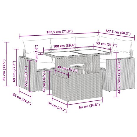 5-delige Loungeset met kussens poly rattan zwart