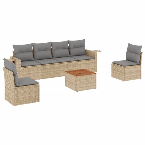 7-delige Loungeset met kussens poly rattan beige