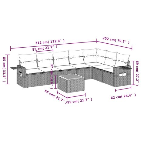 8-delige Loungeset met kussens poly rattan zwart