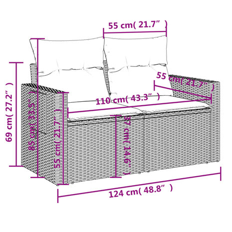 8-delige Loungeset met kussens poly rattan zwart