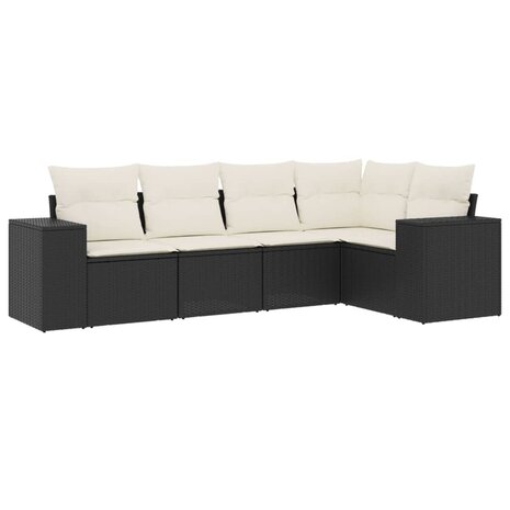 5-delige Loungeset met kussens poly rattan zwart