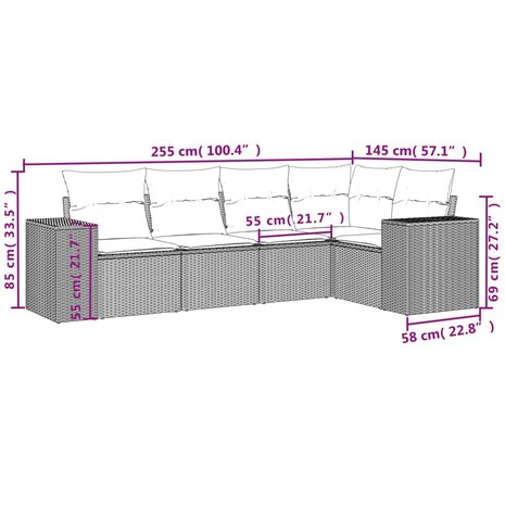 5-delige Loungeset met kussens poly rattan zwart