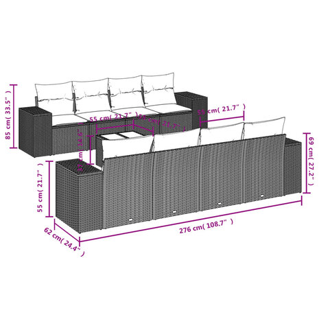9-delige Loungeset met kussens poly rattan zwart