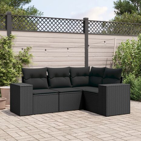 4-delige Loungeset met kussens poly rattan zwart