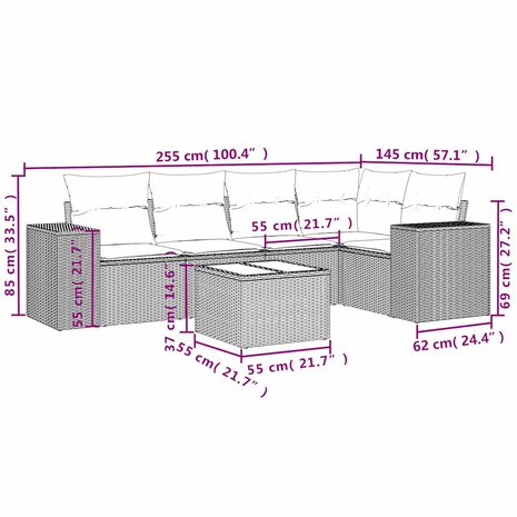 6-delige Loungeset met kussens poly rattan beige