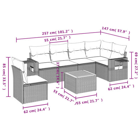 7-delige Loungeset met kussens poly rattan grijs