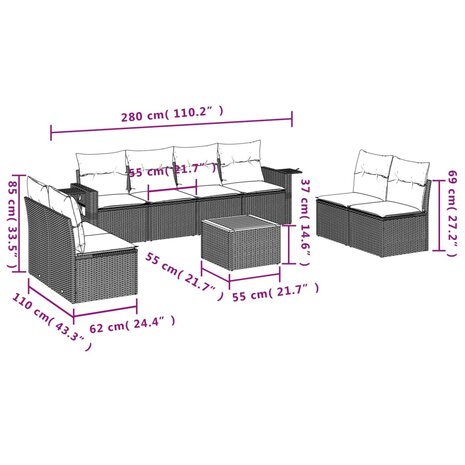 9-delige Loungeset met kussens poly rattan grijs