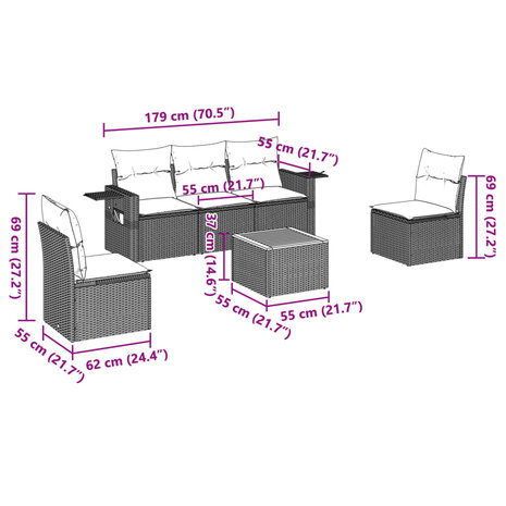 6-delige Loungeset met kussens poly rattan grijs