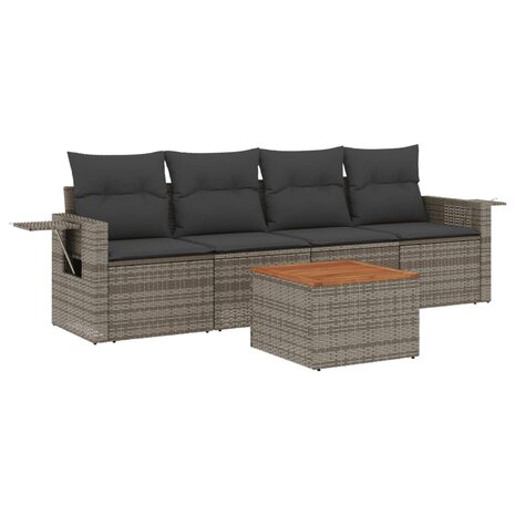 5-delige Loungeset met kussens poly rattan grijs