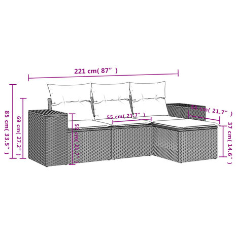 4-delige Loungeset met kussens poly rattan grijs