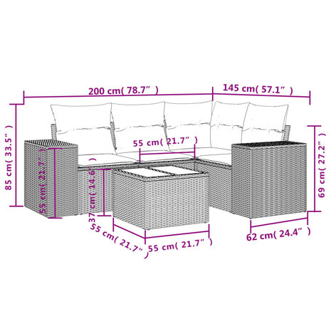 5-delige Loungeset met kussens poly rattan grijs