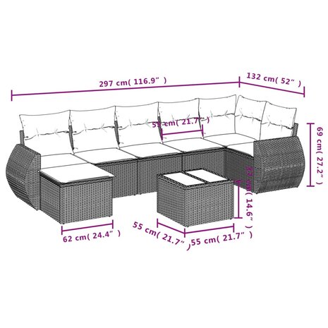 8-delige Loungeset met kussens poly rattan beige