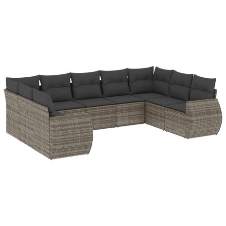 9-delige Loungeset met kussens poly rattan grijs