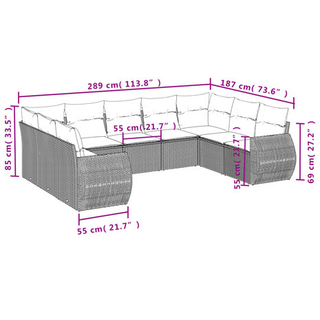9-delige Loungeset met kussens poly rattan grijs