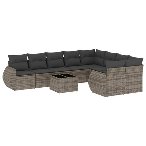 10-delige Loungeset met kussens poly rattan grijs