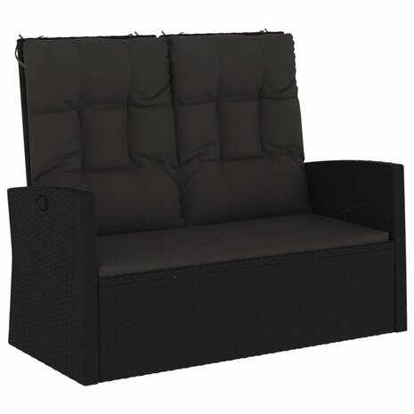 Tuinbank verstelbaar met kussens 118 cm poly rattan zwart