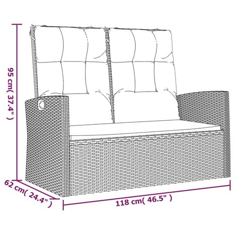 Tuinbank verstelbaar met kussens 118 cm poly rattan zwart