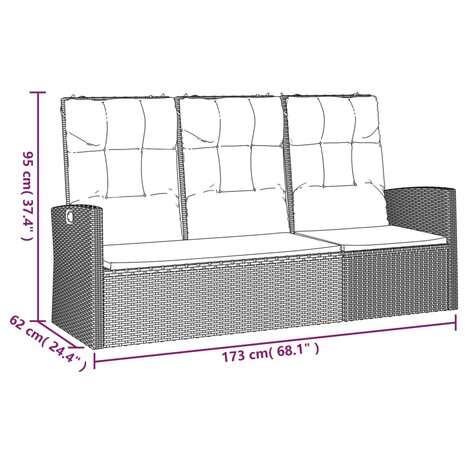 Tuinbank verstelbaar met kussens 173 cm poly rattan zwart