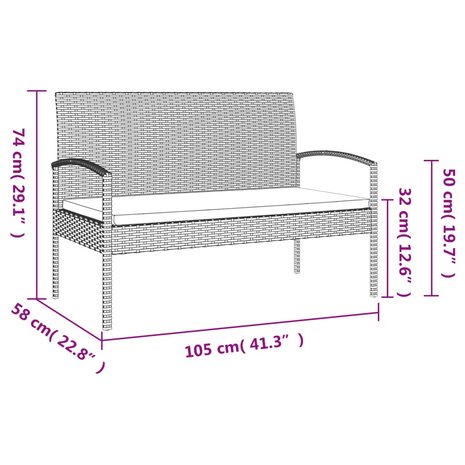 Tuinbank met kussen 105 cm poly rattan grijs